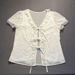 Fairy Delicate Womens Med White Swiss Dot Sheer Tie Front Short Sleeve Blouse